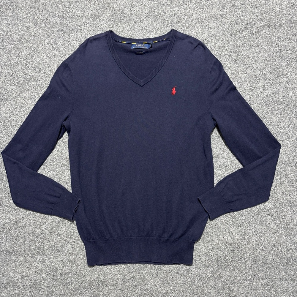 Polo Ralph Lauren Shirt Men's Small Navy Blue Long Sleeve Cotton V-Neck Pullover